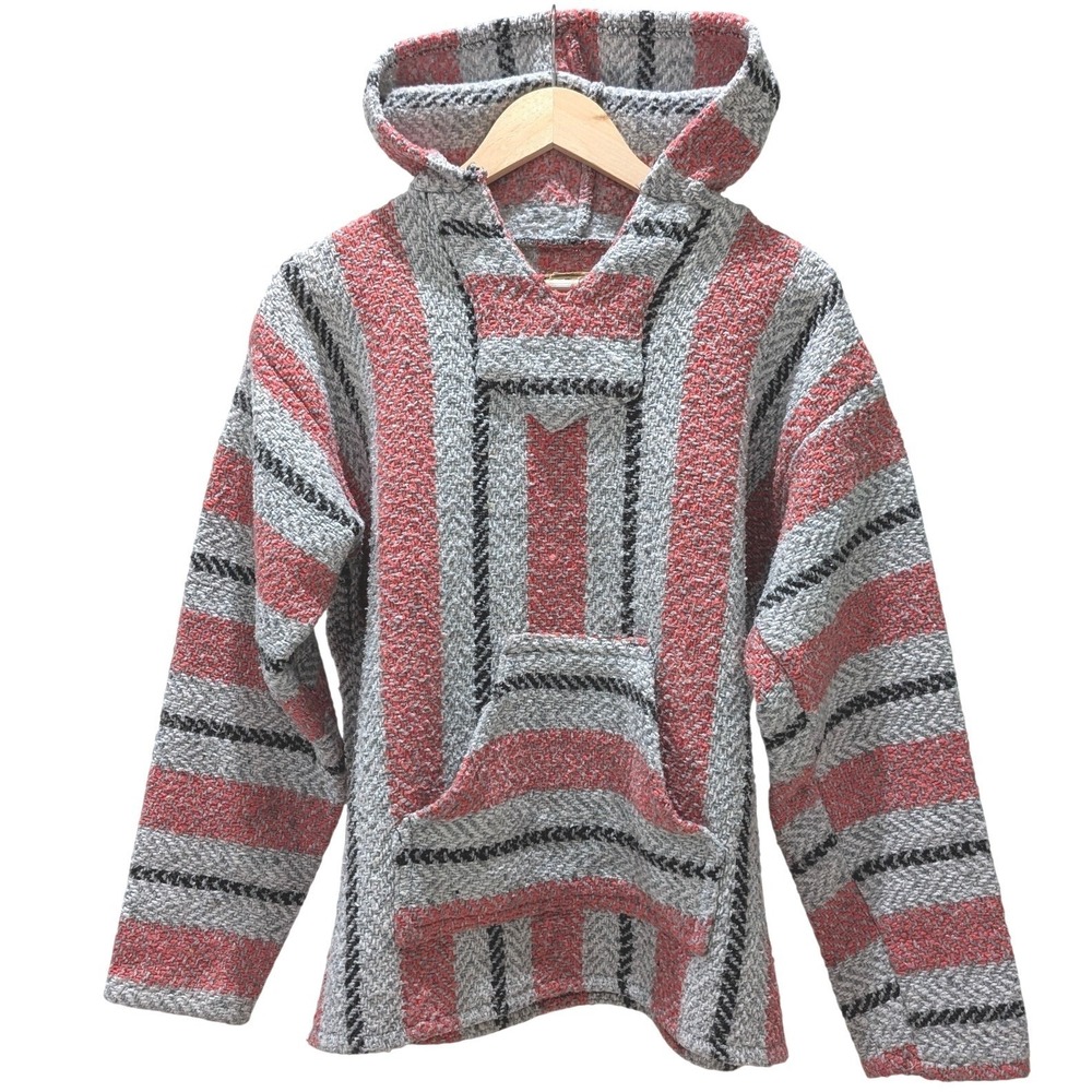 Baja Joe Drug Rug Mexican Style Hoodie Pullover Striped‎ Gray Red Small